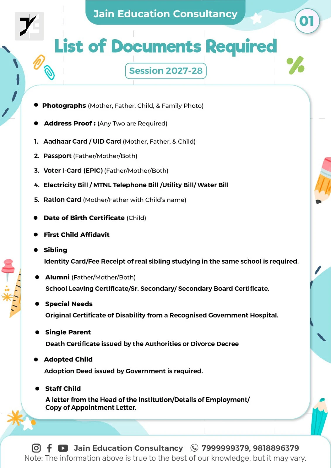 List of documents required for Delhi nursery admission, session 2027-28 — page 1: photographs, address proof, birth certificate and claims