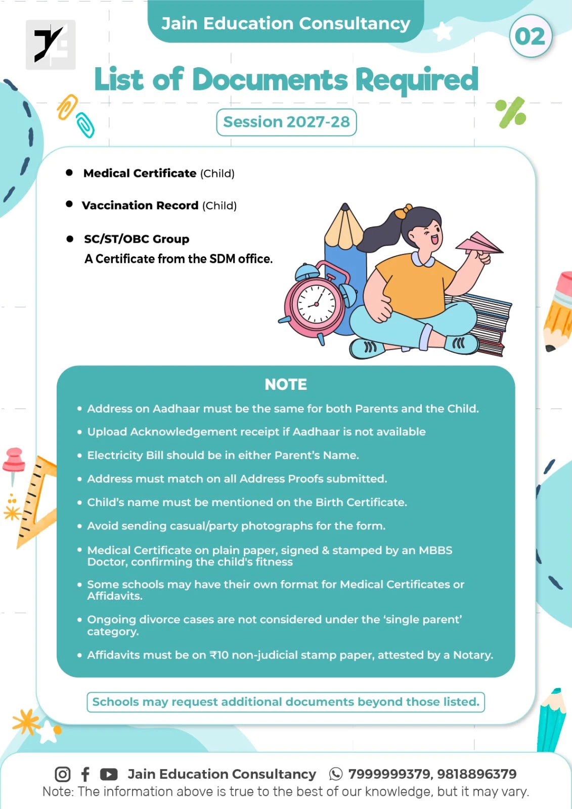 List of documents required for Delhi nursery admission, session 2027-28 — page 2: medical certificate, vaccination record, SC/ST/OBC certificate and notes