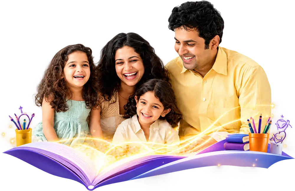 Smiling parents and children imagining a bright school future